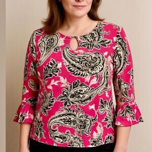 JONES STUDIO Pink & Black Paisley Keyhole Top 3/4 Ruffle Sleeves Blouse Petite